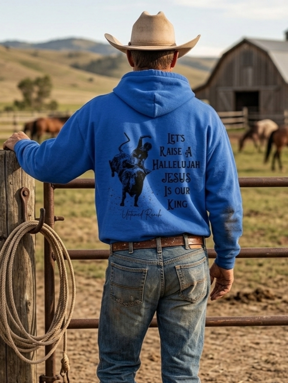 Men's Bullrider Royal Blue Graphic Hoodie Religious Western Rodeo Design